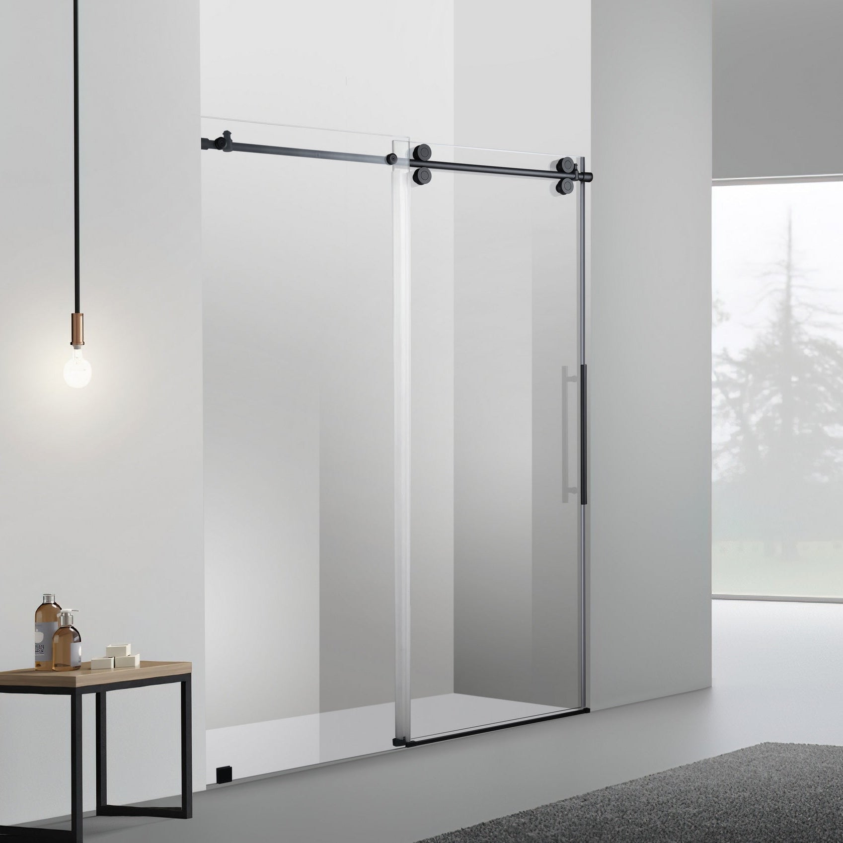 Shower Glass Kits Sofi Matte Black 60 inch Frameless Rolling shower door set Discount Clearance