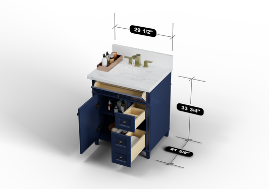 Kensington 29.5 Right Drawers in All Wood Vanity in Navy Blue - Cabinet Only