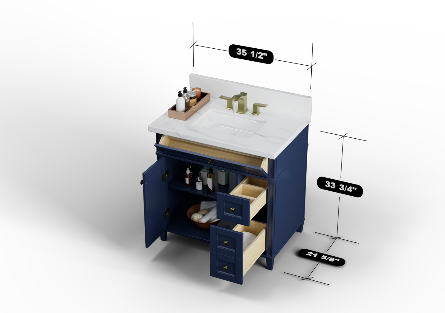 Kensington 35.5 Right Drawers in All Wood Vanity in Navy Blue - Cabinet Only SFD