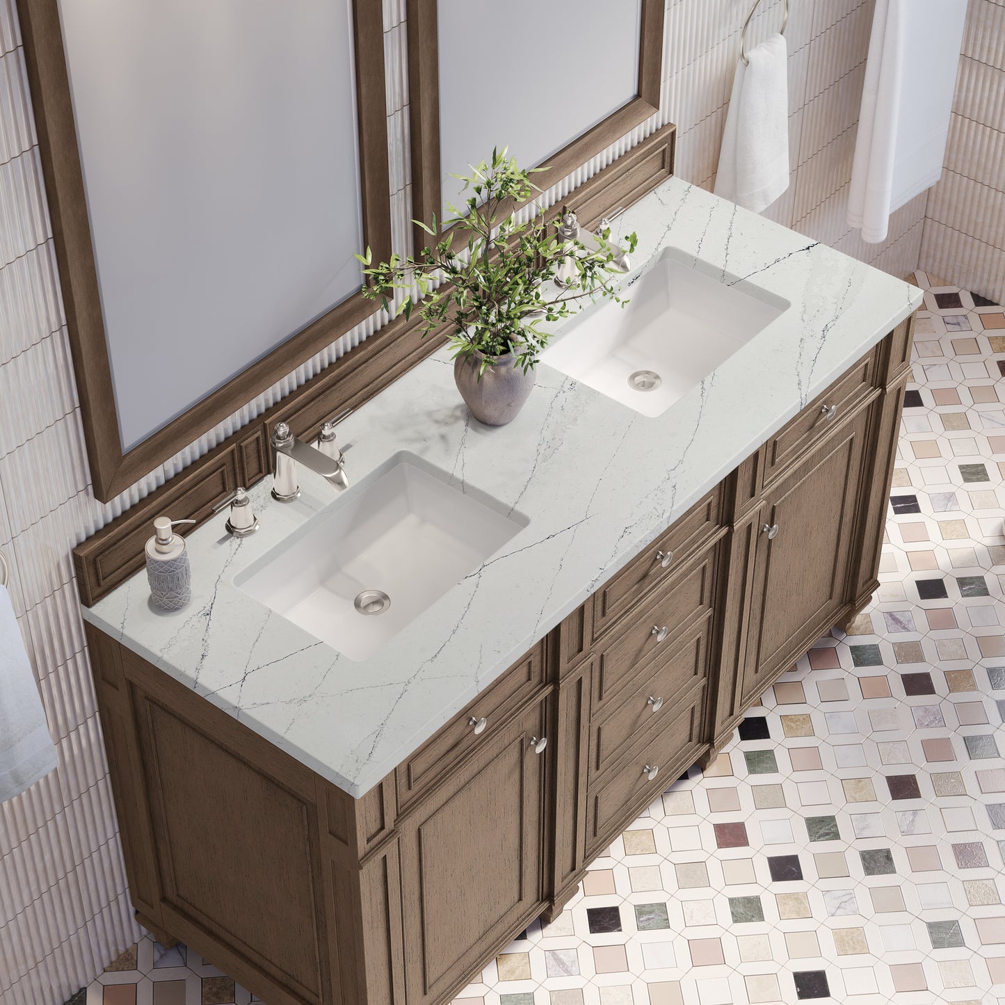 Renovate for Less Atlanta Bristol 60" Double Vanity, Whitewashed Walnut w/ 3 CM Ethereal Noctis Silestone Top