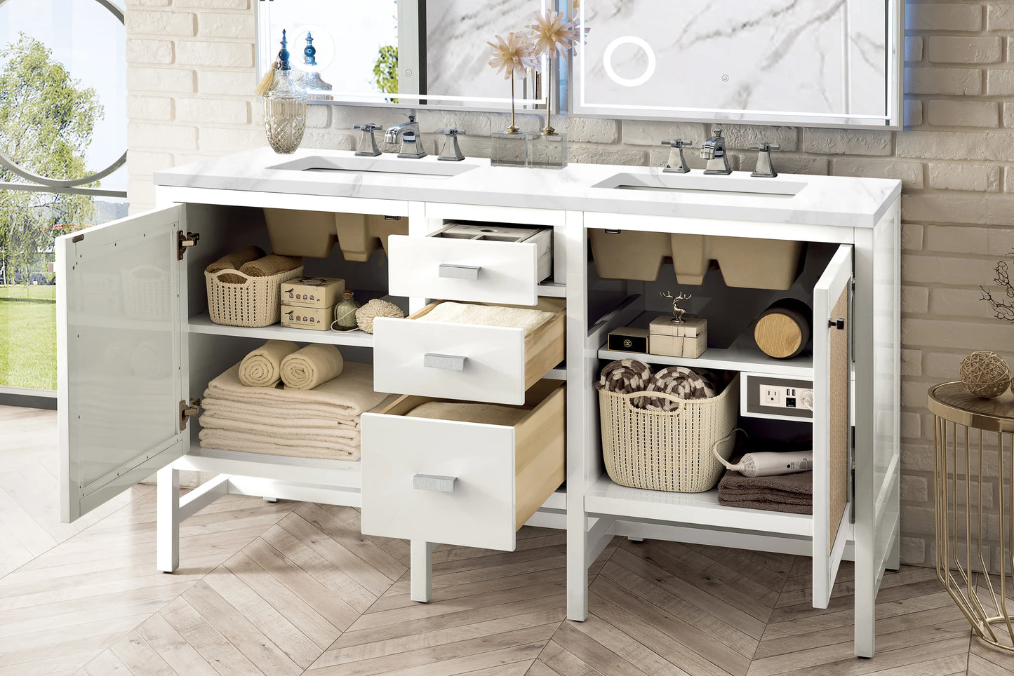 Renovate for Less Atlanta Addison 60" Double Vanity, Glossy White w/ 3 CM Carrara White Top, view 4