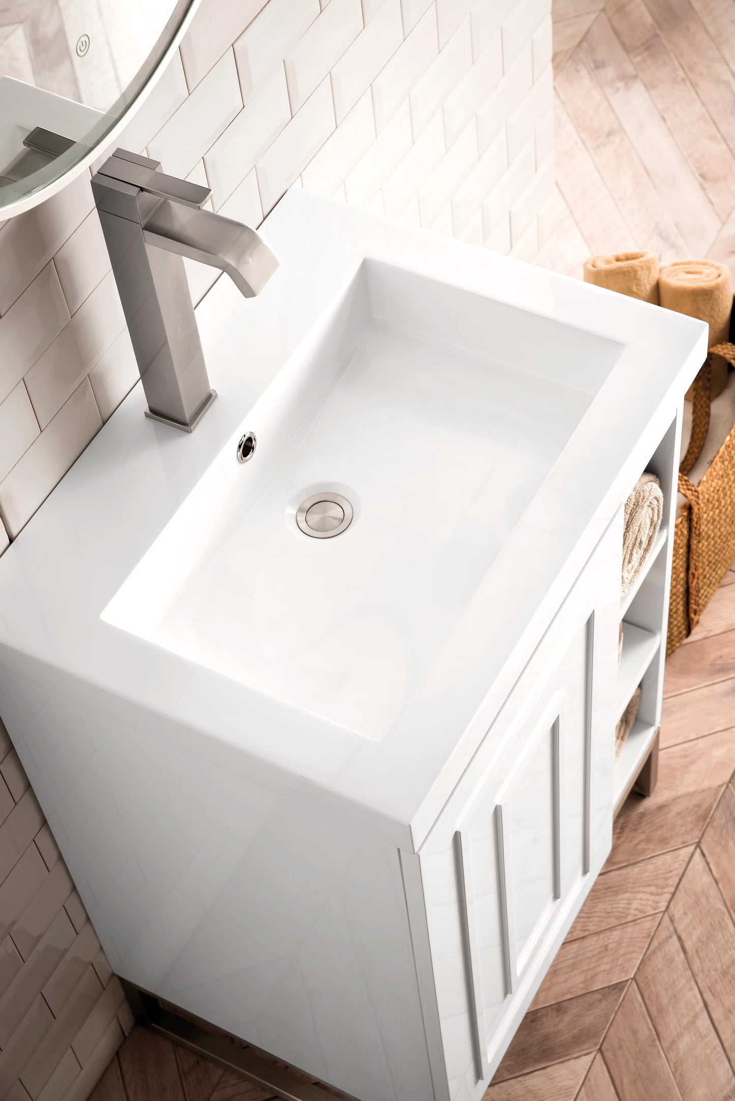 Renovate for Less Atlanta Alicante 24" Single Vanity, Glossy White, Brushed Nickel w/ White Glossy Composite Stone Top, view 6
