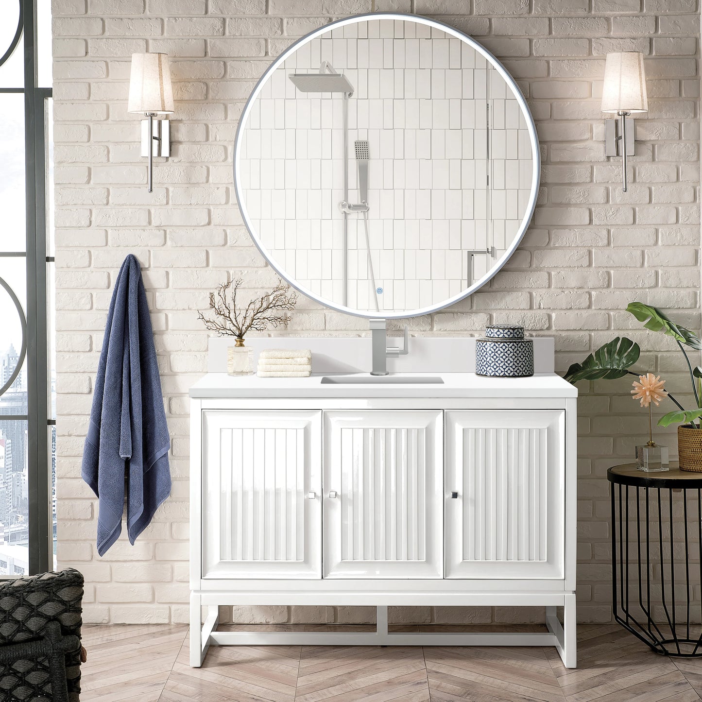 Renovate for Less Atlanta Athens 48" Single Vanity, Glossy White w/ Single Hole 3 CM White Zeus Silestone Top & Backsplash, view 3