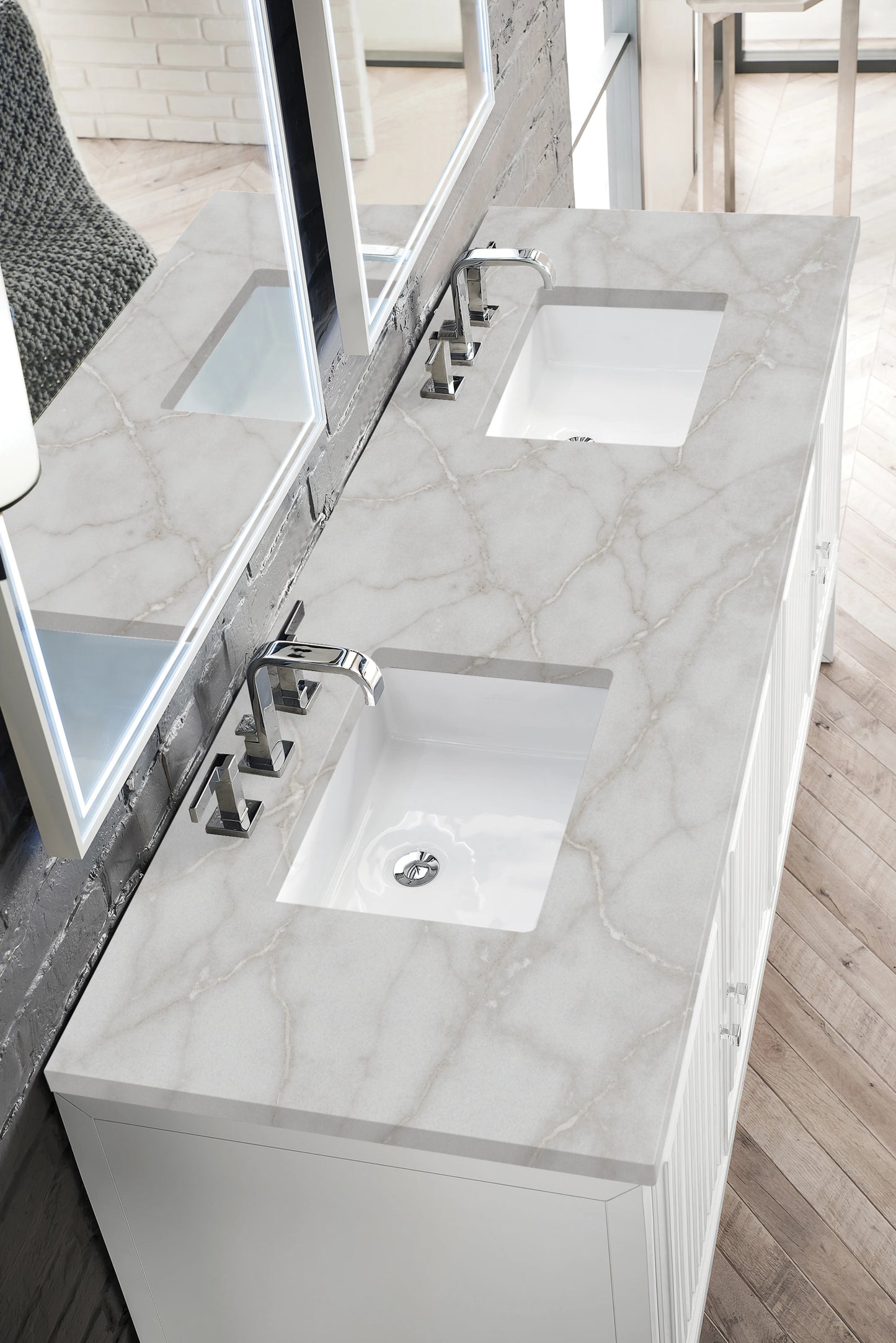 Renovate for Less Atlanta Athens 72" Double Vanity, Glossy White w/ 3 CM Victorian Silver Silestone Top, view 7