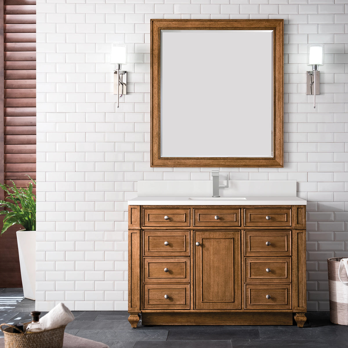 Bristol 48" Single Vanity, Saddle Brown w/ Single Hole 3 CM White Zeus Silestone Top & Backsplash, view 2