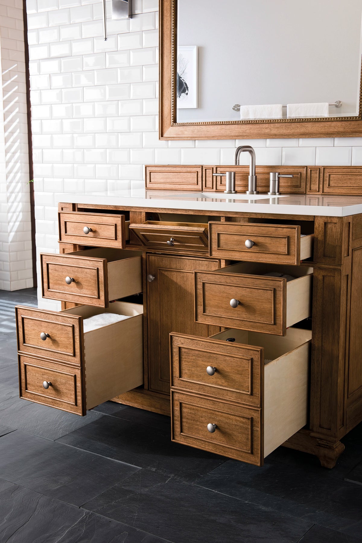 Bristol 48" Single Vanity, Saddle Brown w/ 3 CM White Zeus Silestone Top, view 4