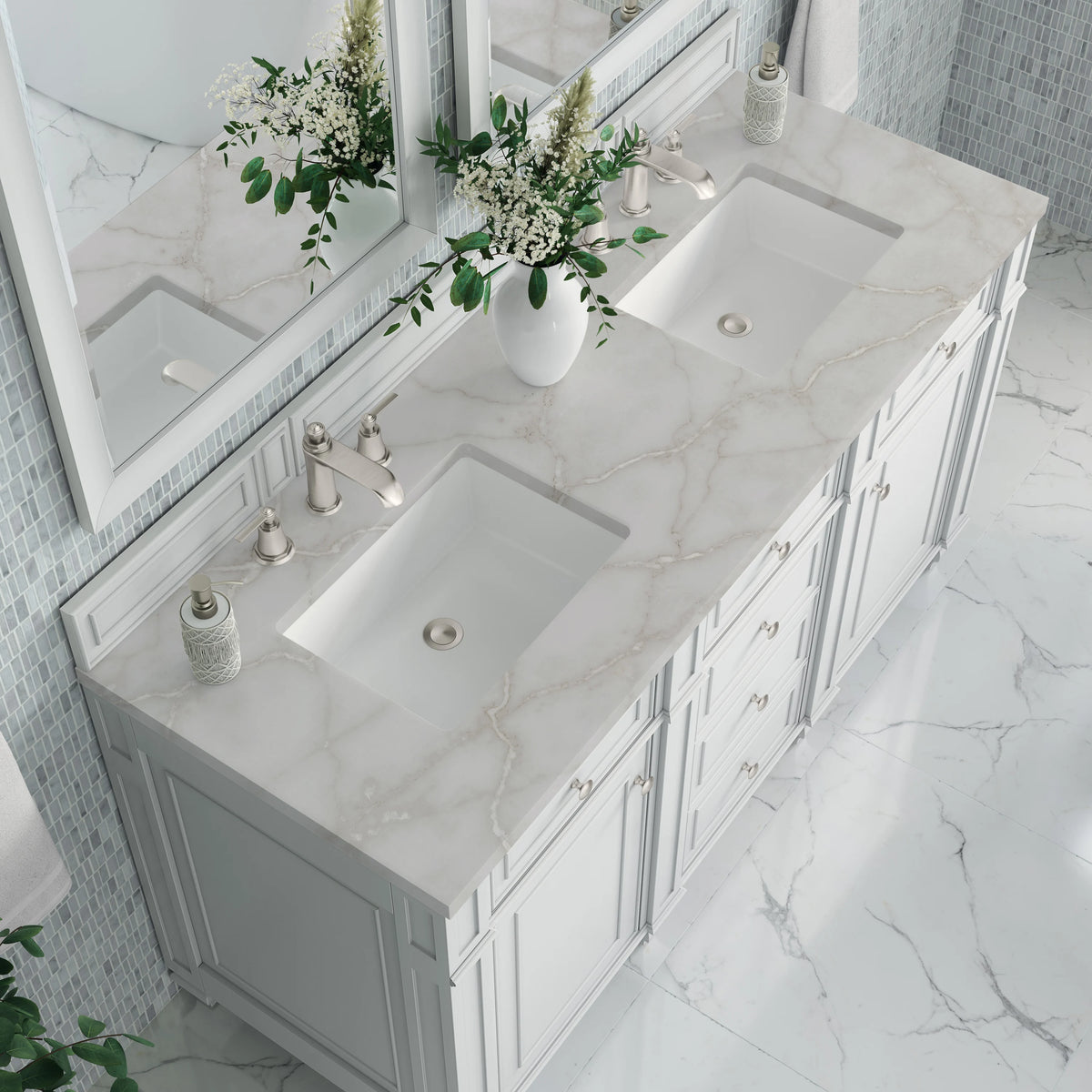 Bristol 60" Double Vanity, Bright White w/ 3 CM Victorian Silver Silestone Top, view 5
