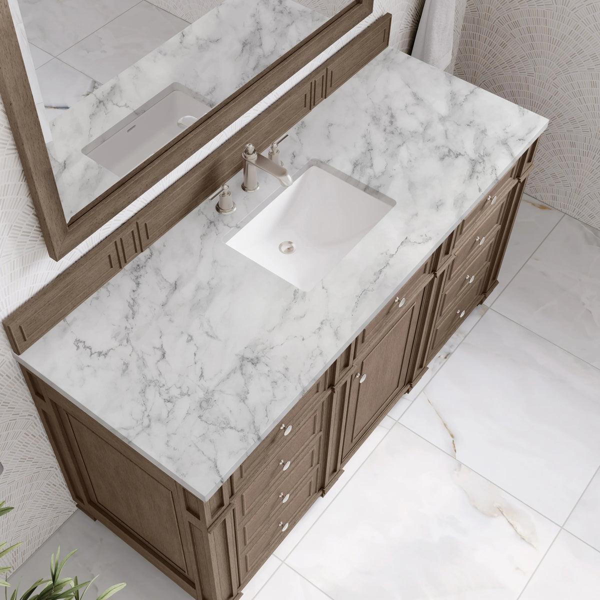 Bristol 60" Single Vanity, Whitewashed Walnut w/ 3 CM Carrara Marble Top, view 5