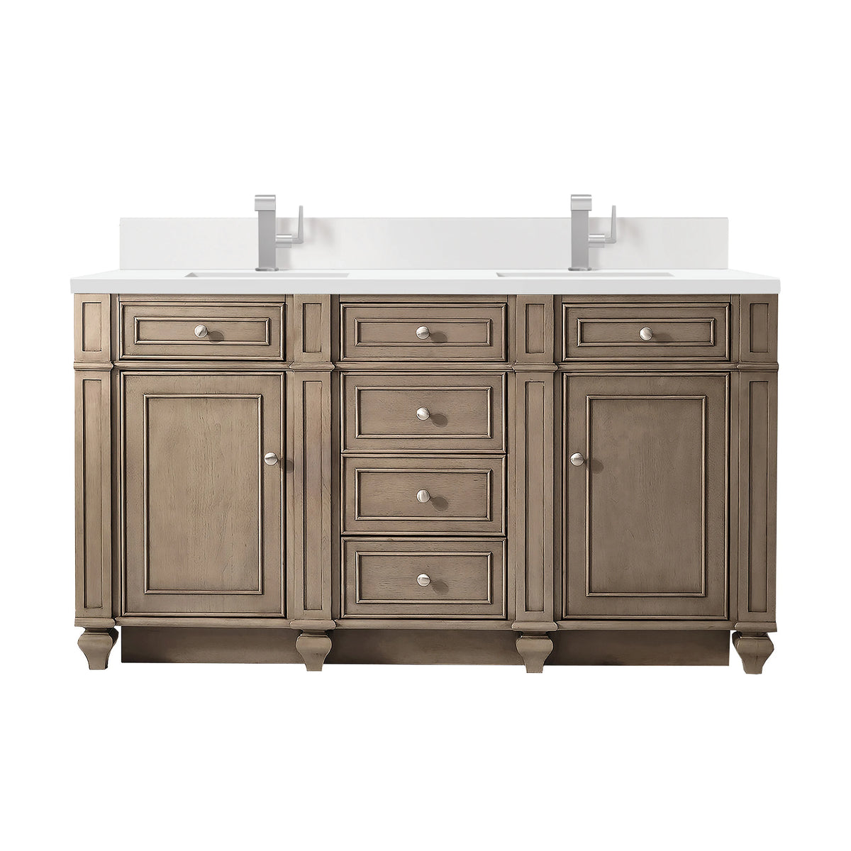 Bristol 60" Double Vanity, Whitewashed Walnut w/ Single Hole 3 CM White Zeus Silestone Top & Backsplash