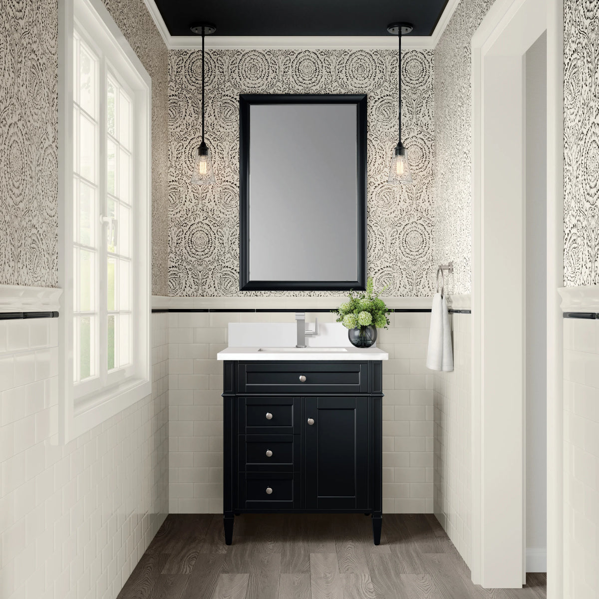 Brittany 30" Single Vanity, Black Onyx, w/ Single Hole 3 CM White Zeus Silestone Top & Backsplash, view 2