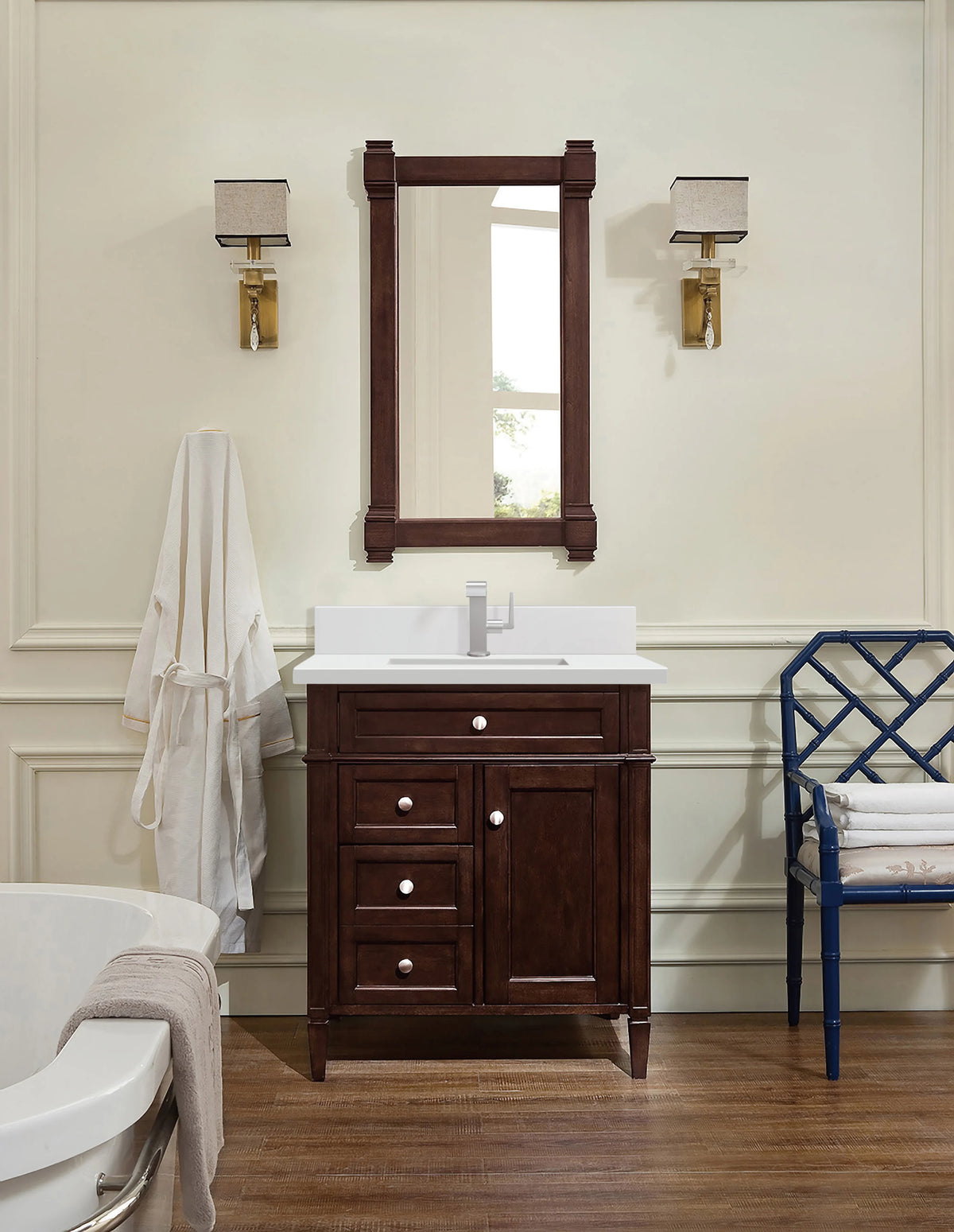 Brittany 30" Single Vanity, Burnished Mahogany, w/ Single Hole 3 CM White Zeus Silestone Top & Backsplash, view 2