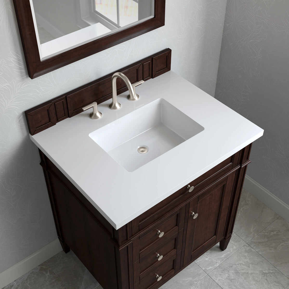 Brittany 30" Single Vanity, Burnished Mahogany, w/ 3 CM White Zeus Silestone Top, view 5