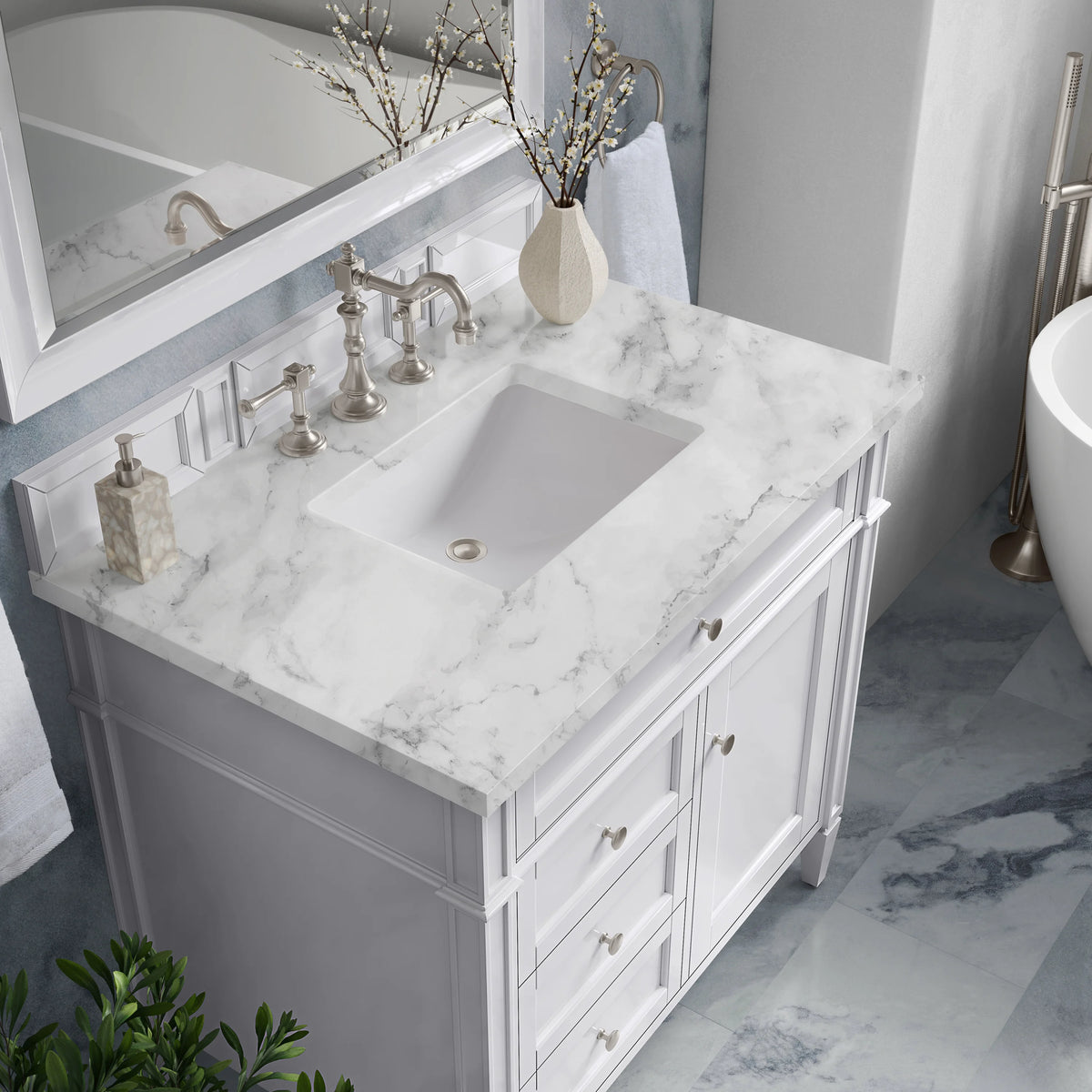 Brittany 36" Single Vanity, Bright White w/ 3 CM Carrara Marble Top, view 8