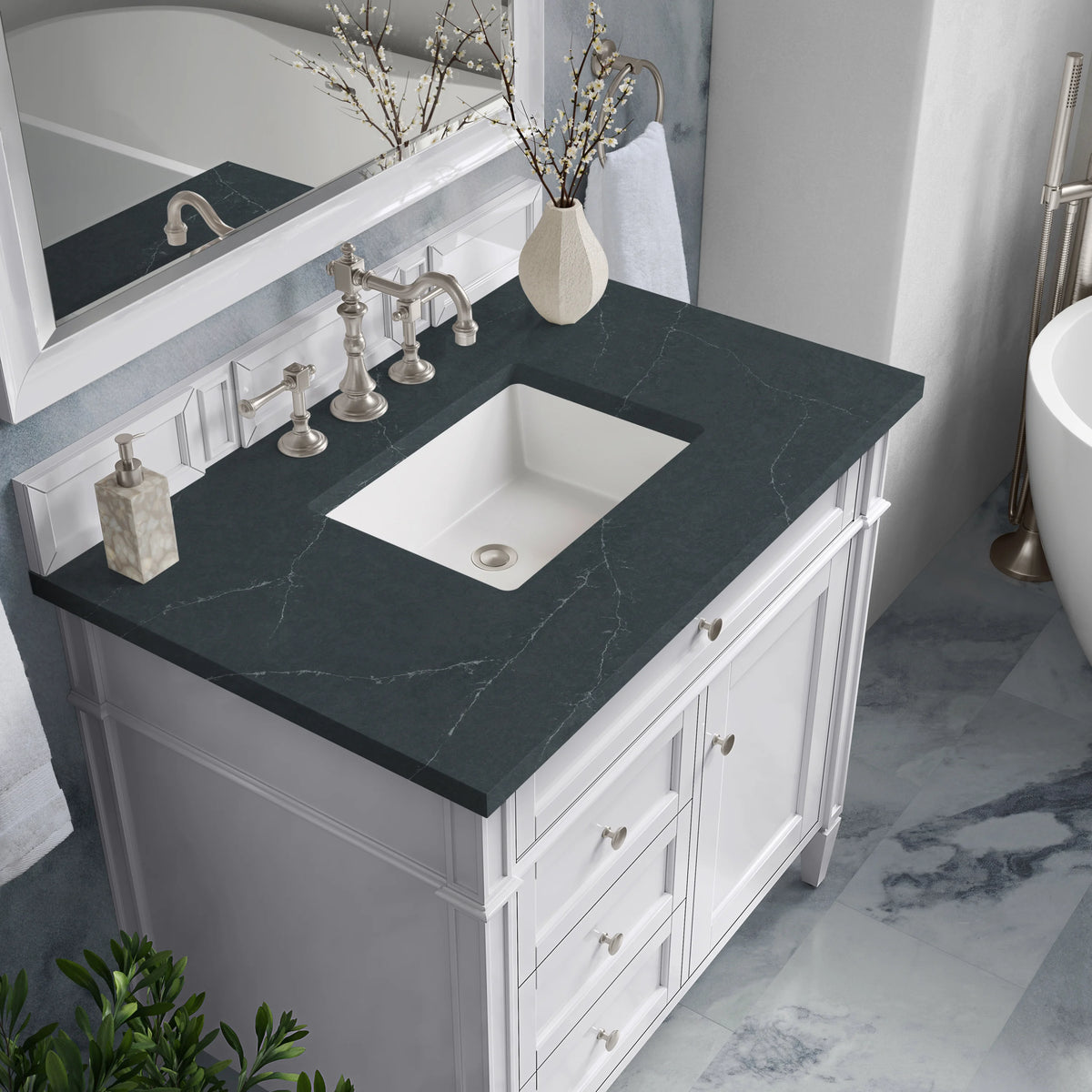 Brittany 36" Single Vanity, Bright White w/ 3 CM Charcoal Soapstone Silestone Top, view 7