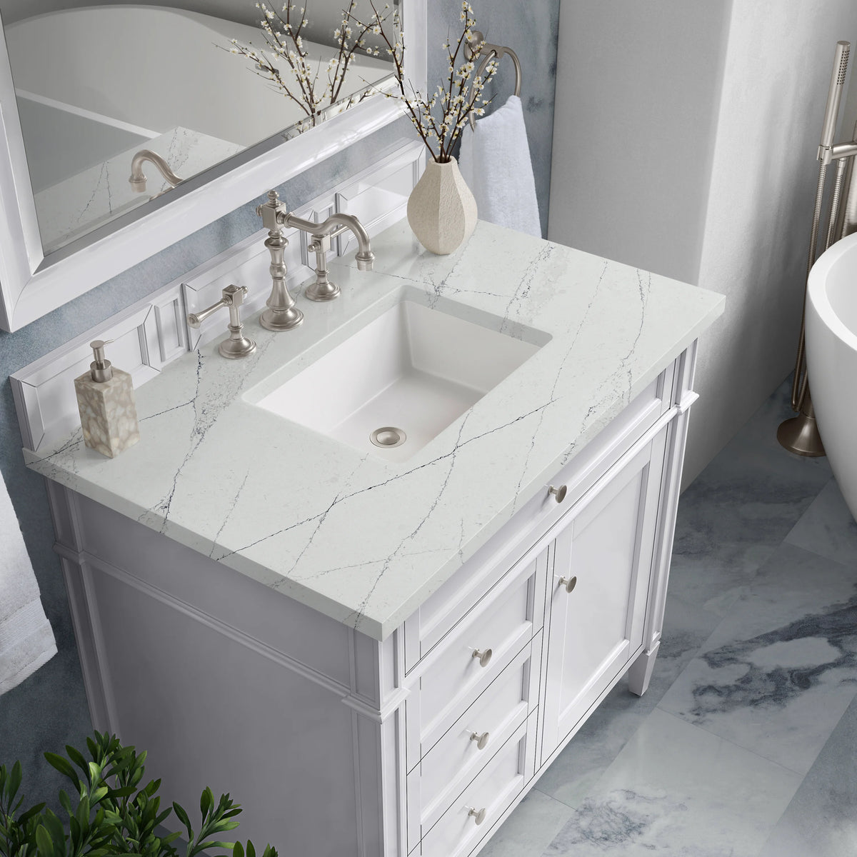 Brittany 36" Single Vanity, Bright White w/ 3 CM Ethereal Noctis Silestone Top, view 7
