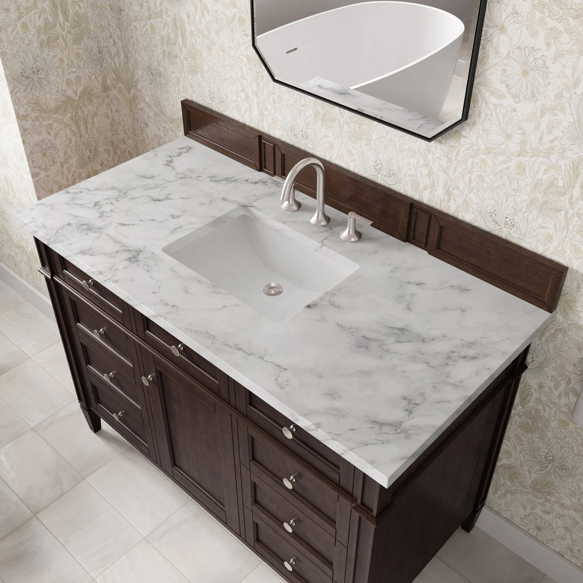 Brittany 48" Single Vanity, Burnished Mahogany w/ 3 CM Carrara Marble Top, view 8