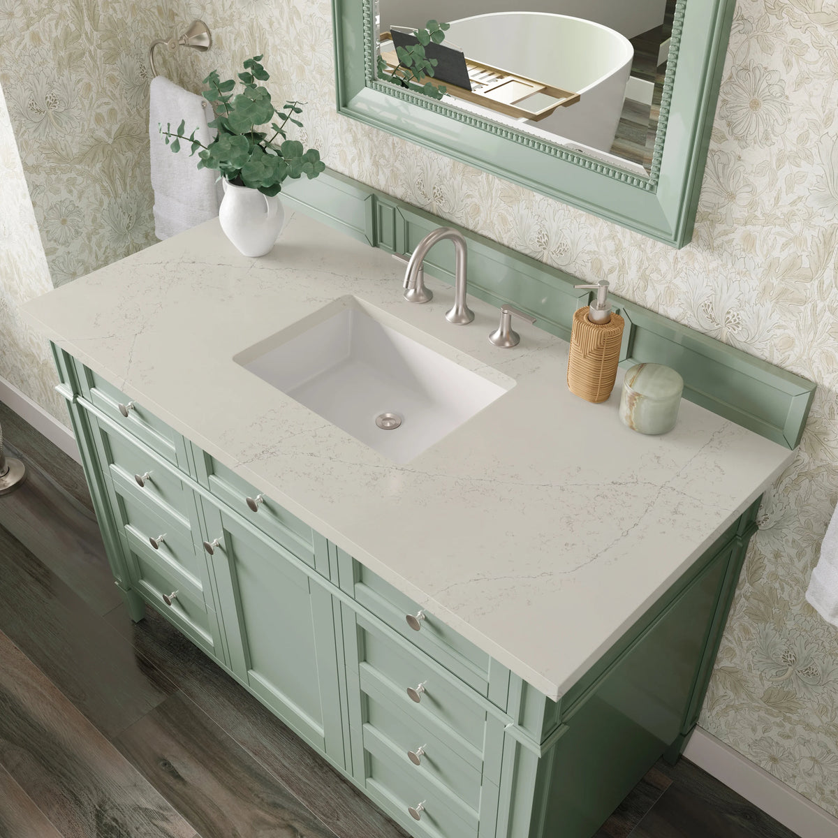 Brittany 48" Single Vanity, Sage Green, w/ 3 CM Siberian Silestone Top, view 6