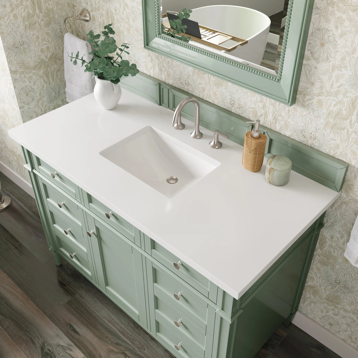 Brittany 48" Single Vanity, Sage Green w/ 3 CM White Zeus Silestone Top, view 7