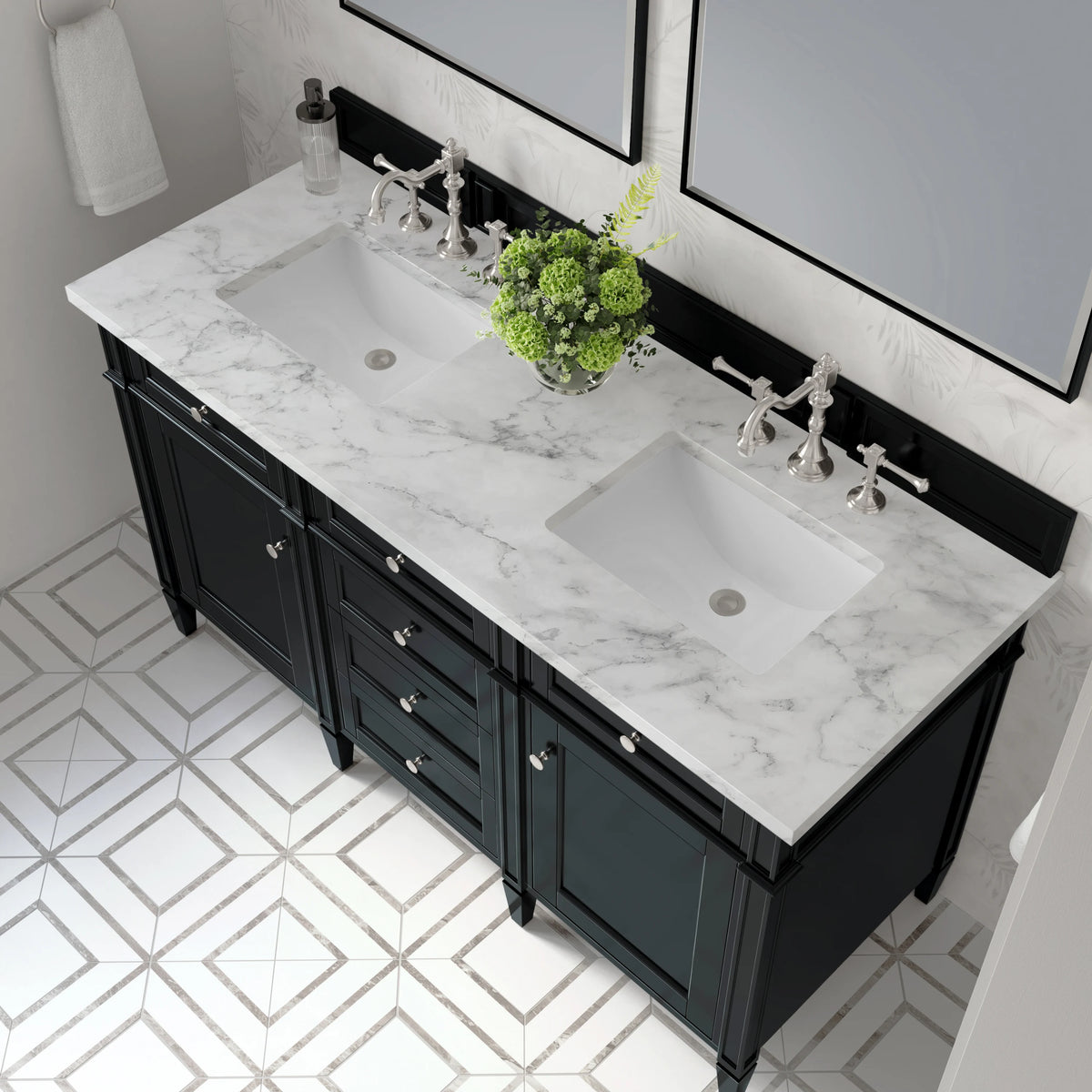 Brittany 60" Double Vanity, Black Onyx w/ 3 CM Carrara Marble Top, view 8