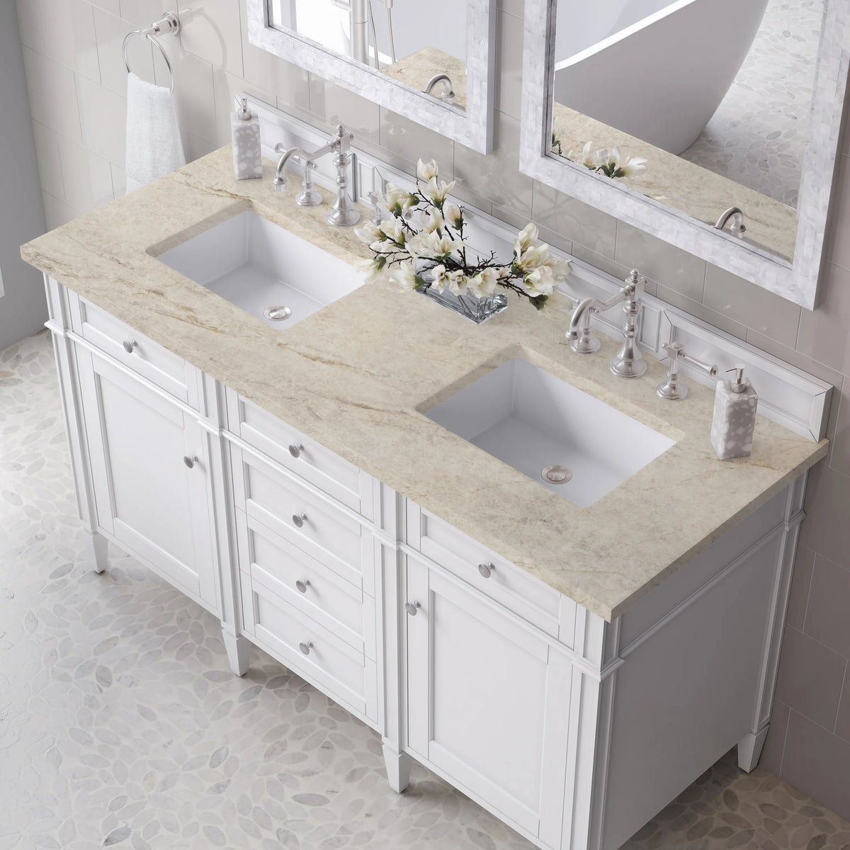 Brittany 60" Double Vanity in Bright White, w/ 3 CM Tajnar Eclos Top, view 6