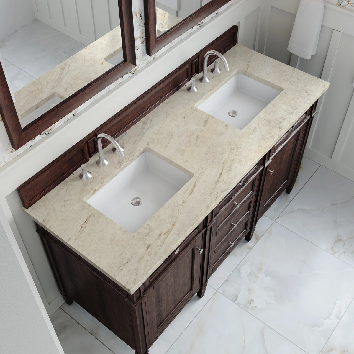 Brittany 60" Double Vanity, Burnished Mahogany, w/ 3 CM Tajnar Eclos Top, view 6