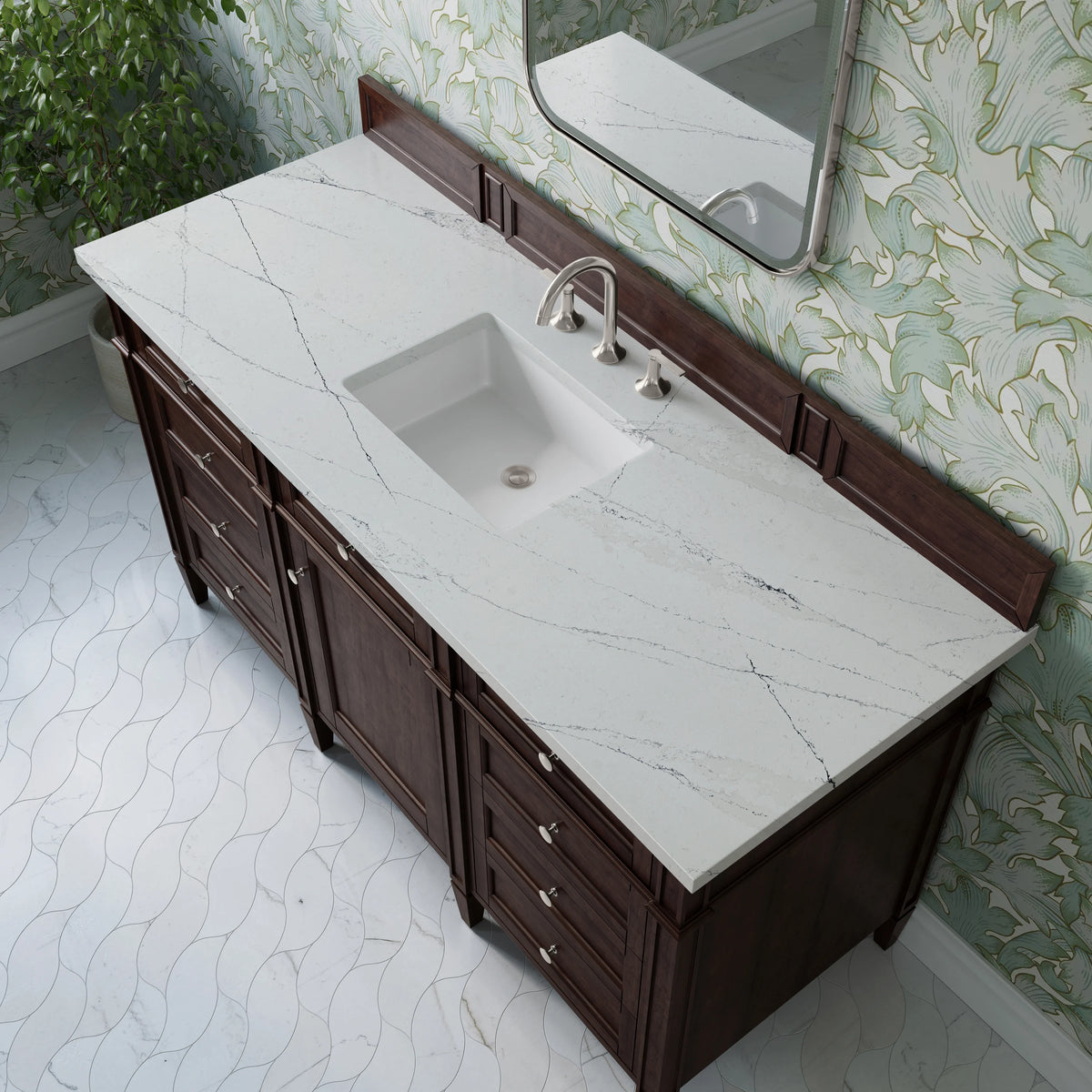 Brittany 60" Single Vanity, Burnished Mahogany w/ 3 CM Ethereal Noctis Silestone Top, view 7