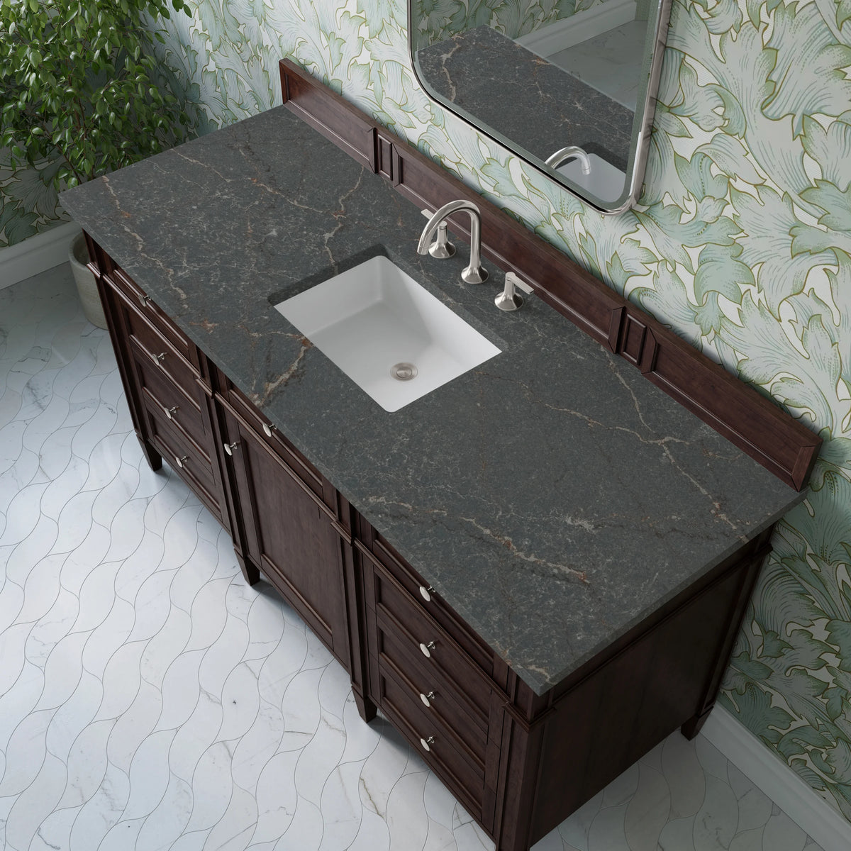 Brittany 60" Single Vanity, Burnished Mahogany w/ 3 CM Parisien Bleu Silestone Top, view 7