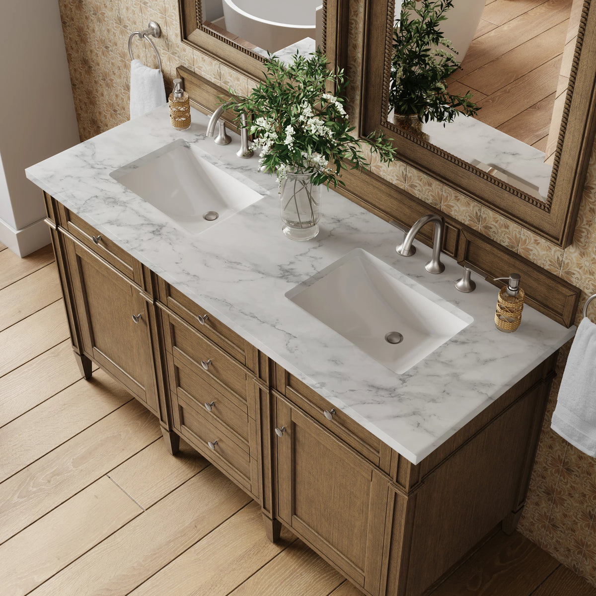 Brittany 60" Double Vanity, Saddle Brown w/ 3 CM Carrara Marble Top, view 7