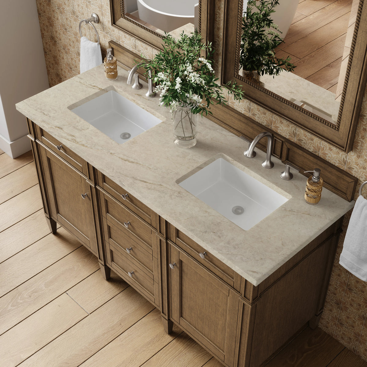 Brittany 60" Double Vanity, Saddle Brown, w/ 3 CM Tajnar Eclos Top, view 6