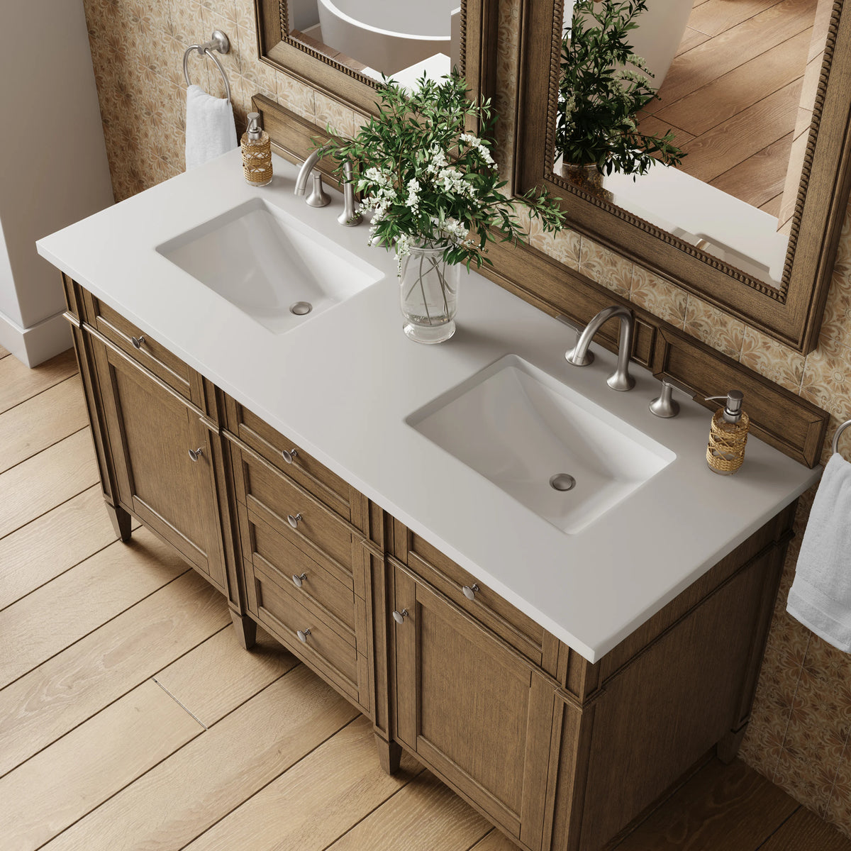 Brittany 60" Double Vanity, Saddle Brown w/ 3 CM White Zeus Silestone Top, view 7