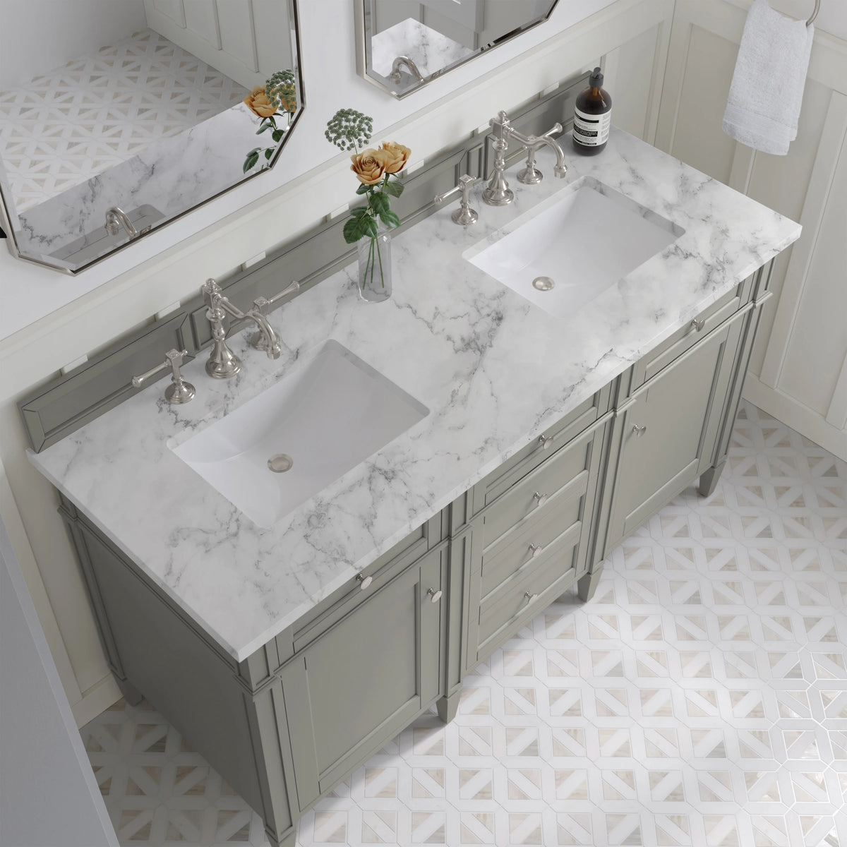 Brittany 60" Double Vanity, Urban Gray w/ 3 CM Carrara Marble Top, view 8