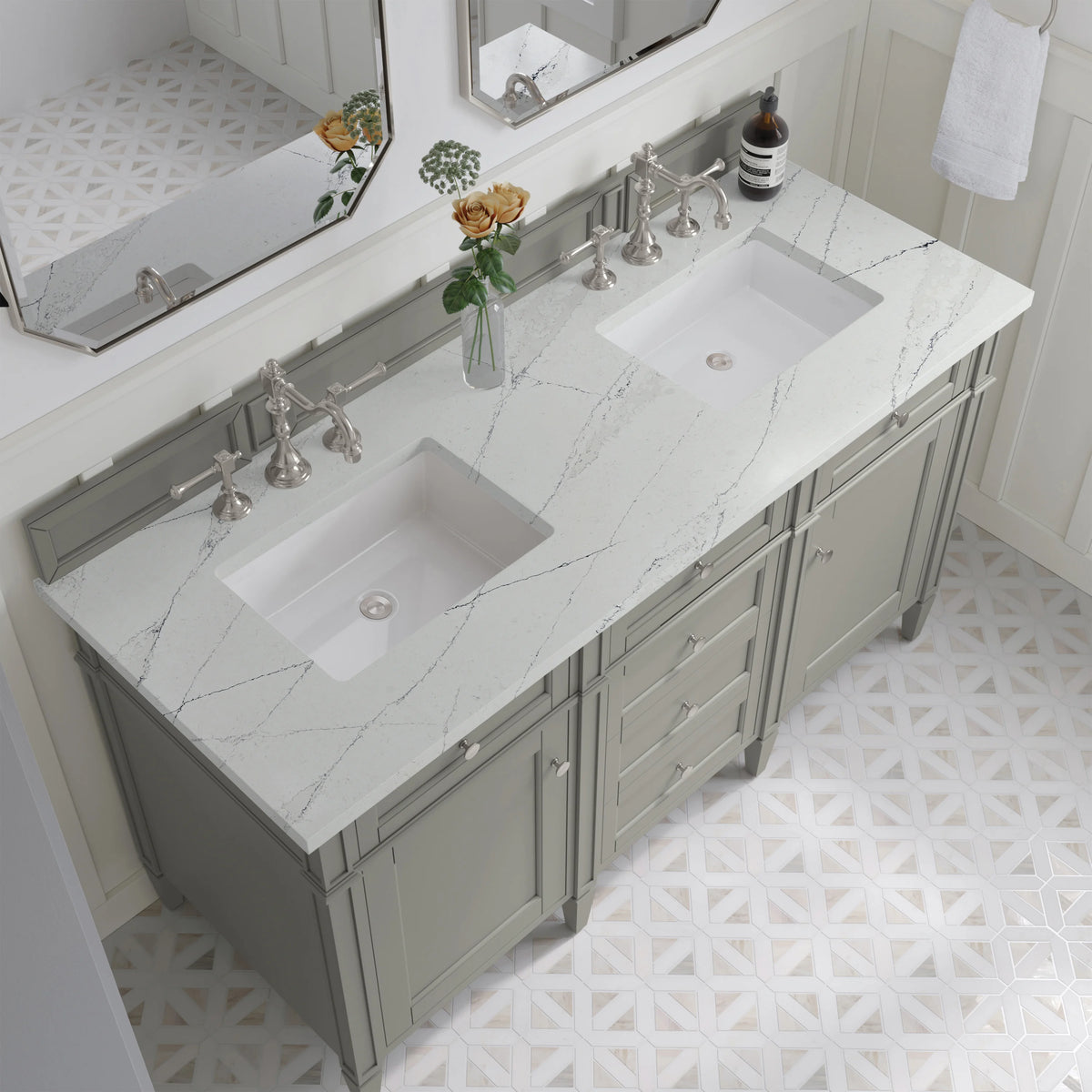 Brittany 60" Double Vanity, Urban Gray w/ 3 CM Ethereal Noctis Silestone Top, view 7
