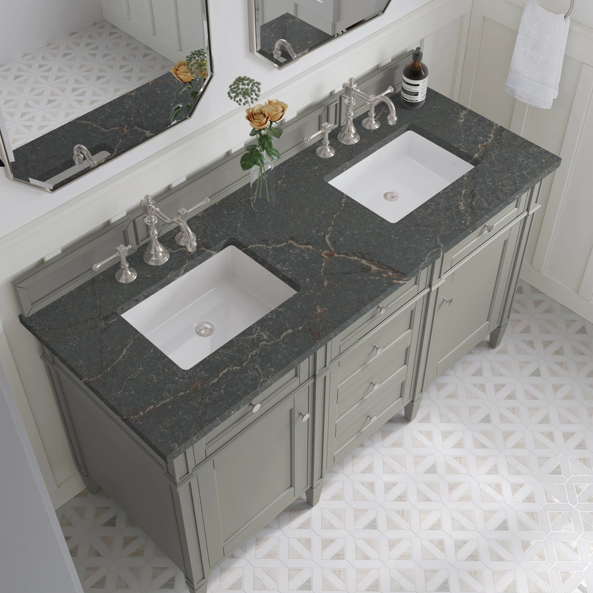 Brittany 60" Double Vanity, Urban Gray w/ 3 CM Parisien Bleu Silestone Top, view 7