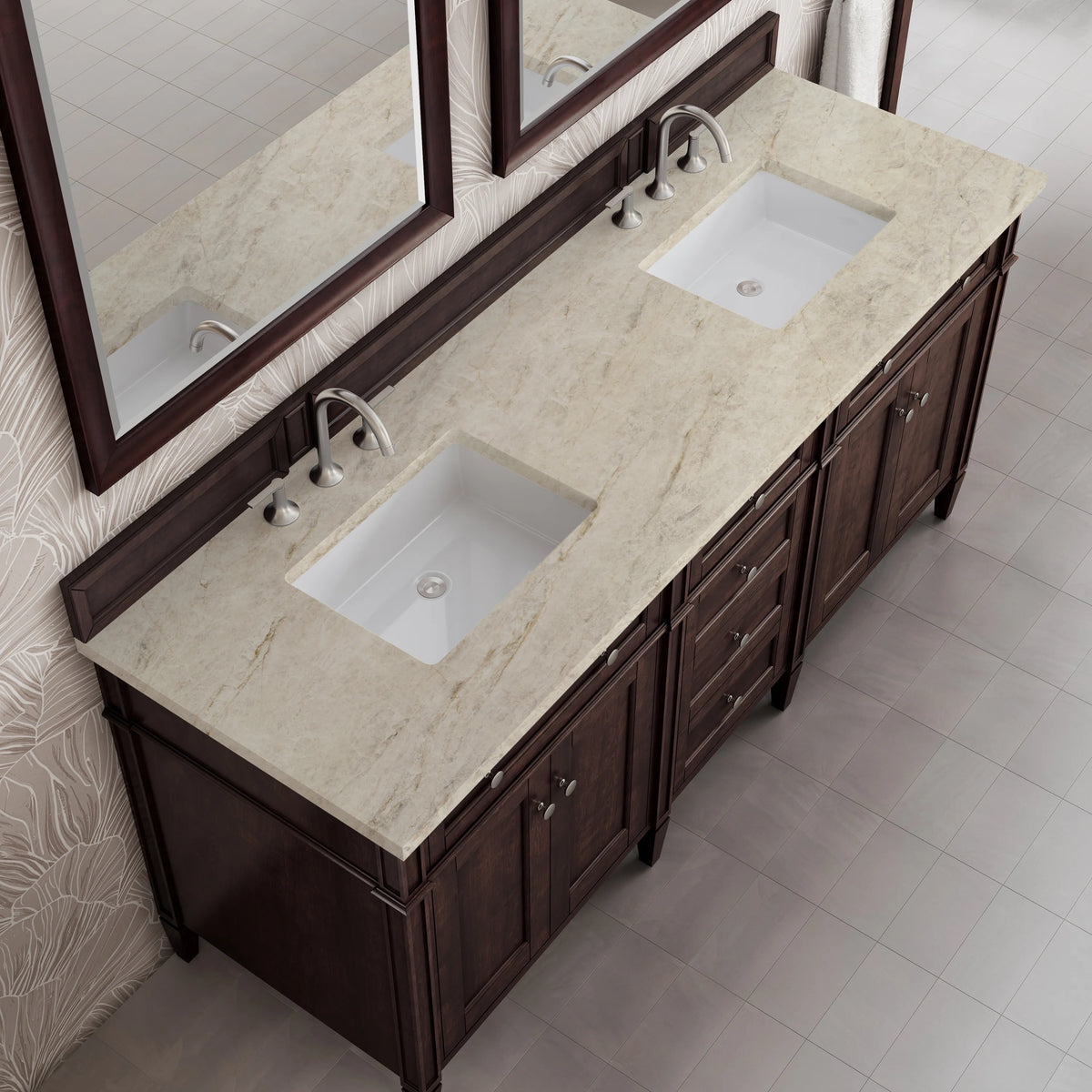 Brittany 72" Double Vanity, Burnished Mahogany, w/ 3 CM Tajnar Eclos Top, view 6