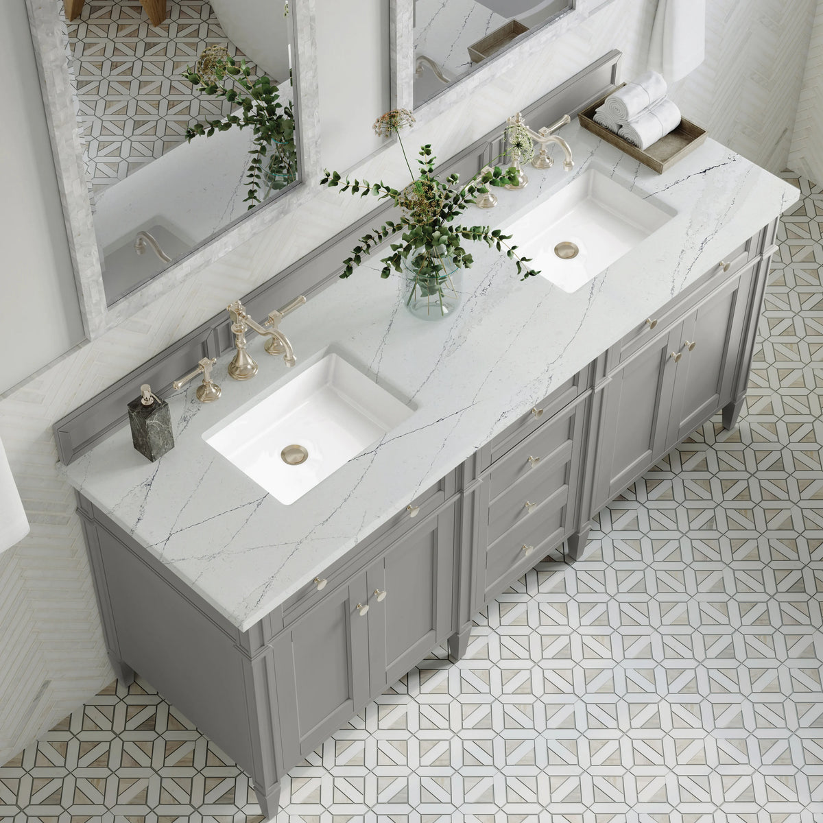 Brittany 72" Double Vanity, Urban Gray w/ 3 CM Ethereal Noctis Silestone Top, view 7
