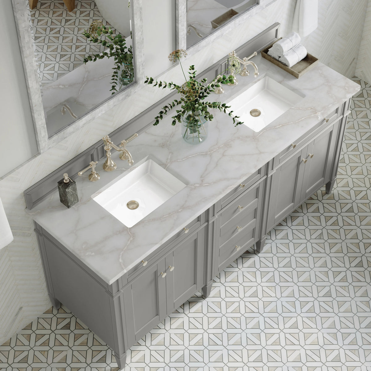 Brittany 72" Double Vanity, Urban Gray w/ 3 CM Victorian Silver Silestone Top, view 7