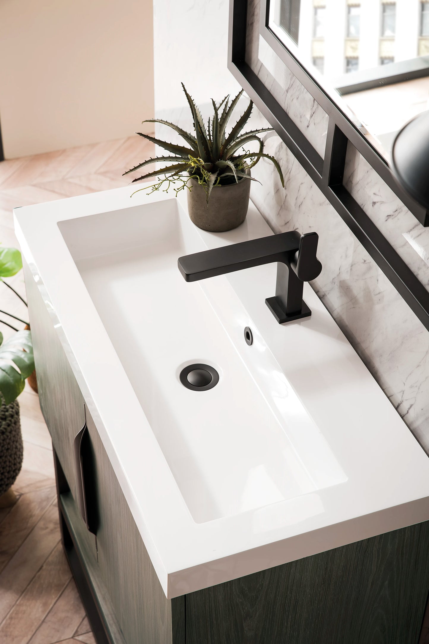 Renovate for Less Atlanta Columbia 31.5" Single Vanity, Ash Gray, Matte Black, w/ White Glossy Composite Stone Top, view 6