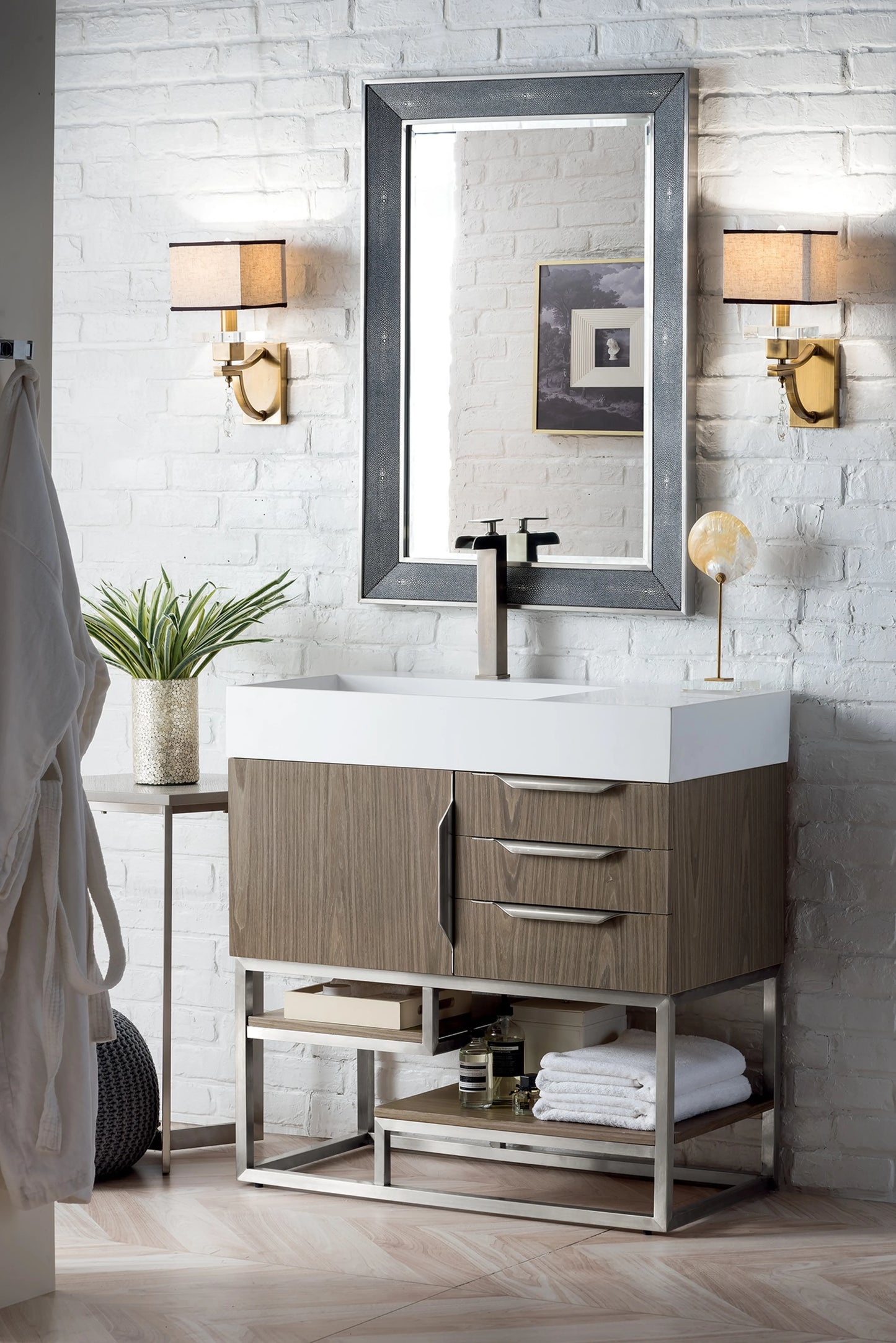 Renovate for Less Atlanta Columbia 36" Single Vanity, Ash Gray, Brushed Nickel w/ Glossy White Composite Stone Top, view 6