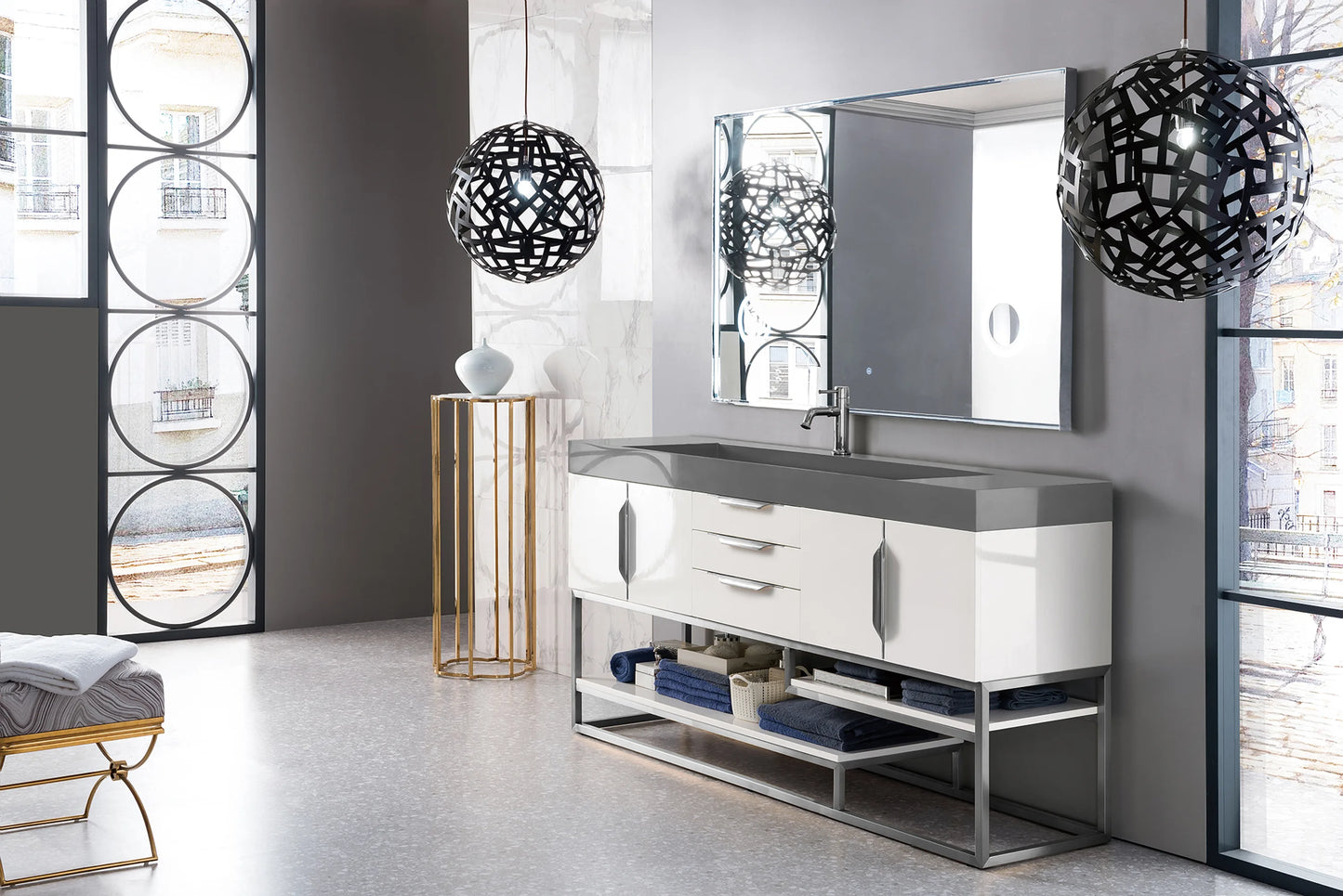 Renovate for Less Atlanta Columbia 72" Single Vanity, Glossy White w/ Dusk Grey Glossy Composite Stone Top, view 2
