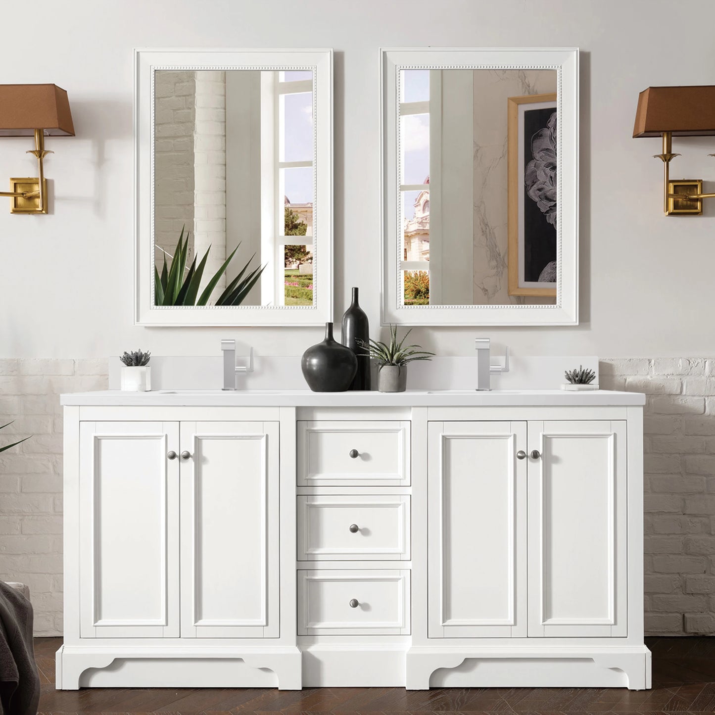 Renovate for Less Atlanta De Soto 72" Double Vanity, Bright White w/ Single Hole 3 CM White Zeus Silestone Top & Backsplash, view 2