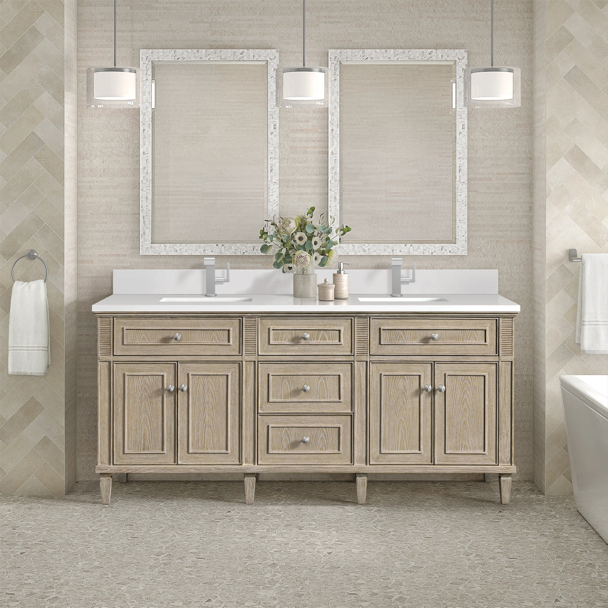 Lorelai 72" Double Vanity, Whitewashed Oak w/ Single Hole 3 CM White Zeus Silestone Top & Backsplash, view 2