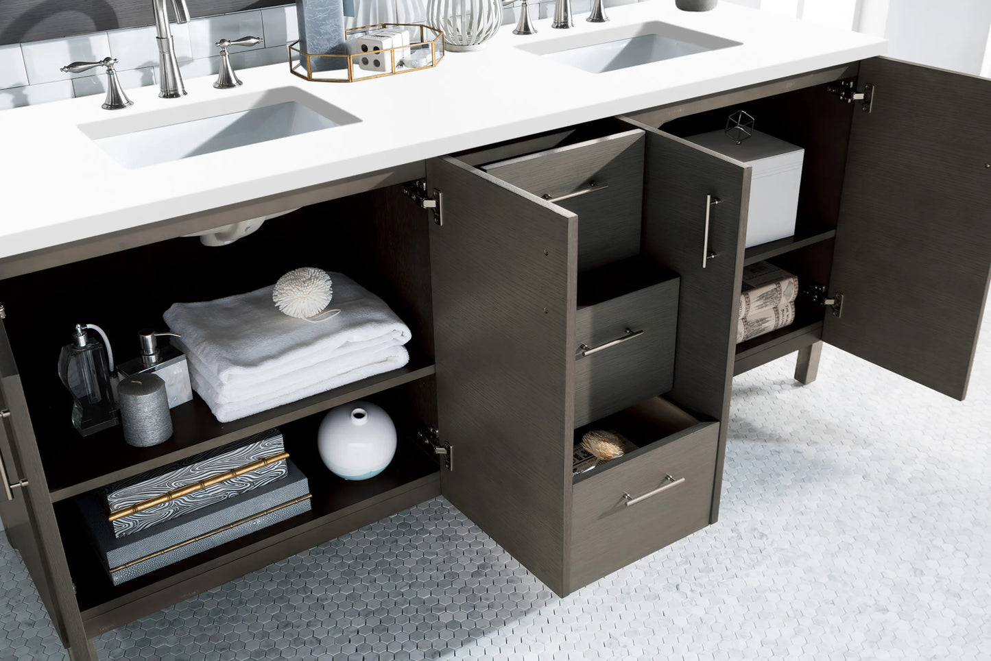 Renovate for Less Atlanta Metropolitan 72" Double Vanity, Silver Oak w/ 3 CM White Zeus Silestone Top, view 4