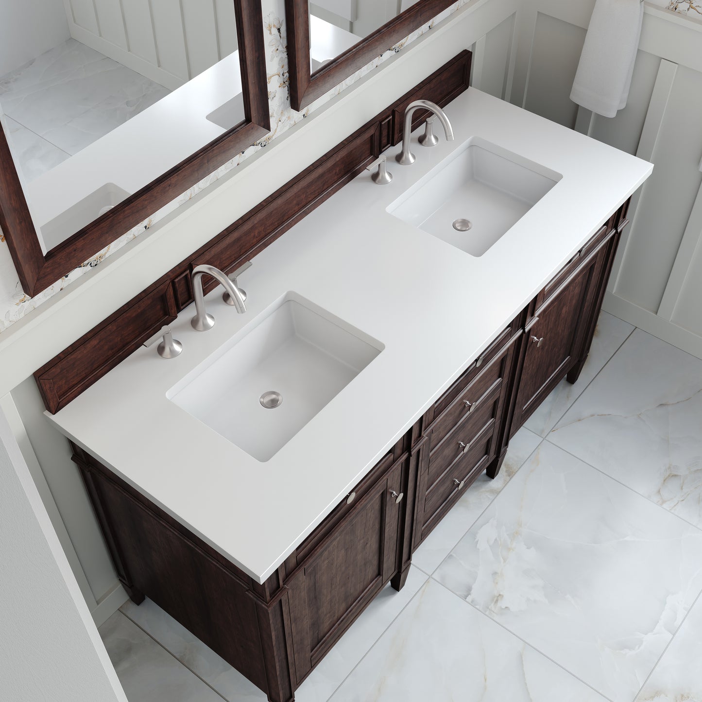 Renovate for Less Atlanta Brittany 60" Double Vanity, Burnished Mahogany w/ 3 CM White Zeus Silestone Top