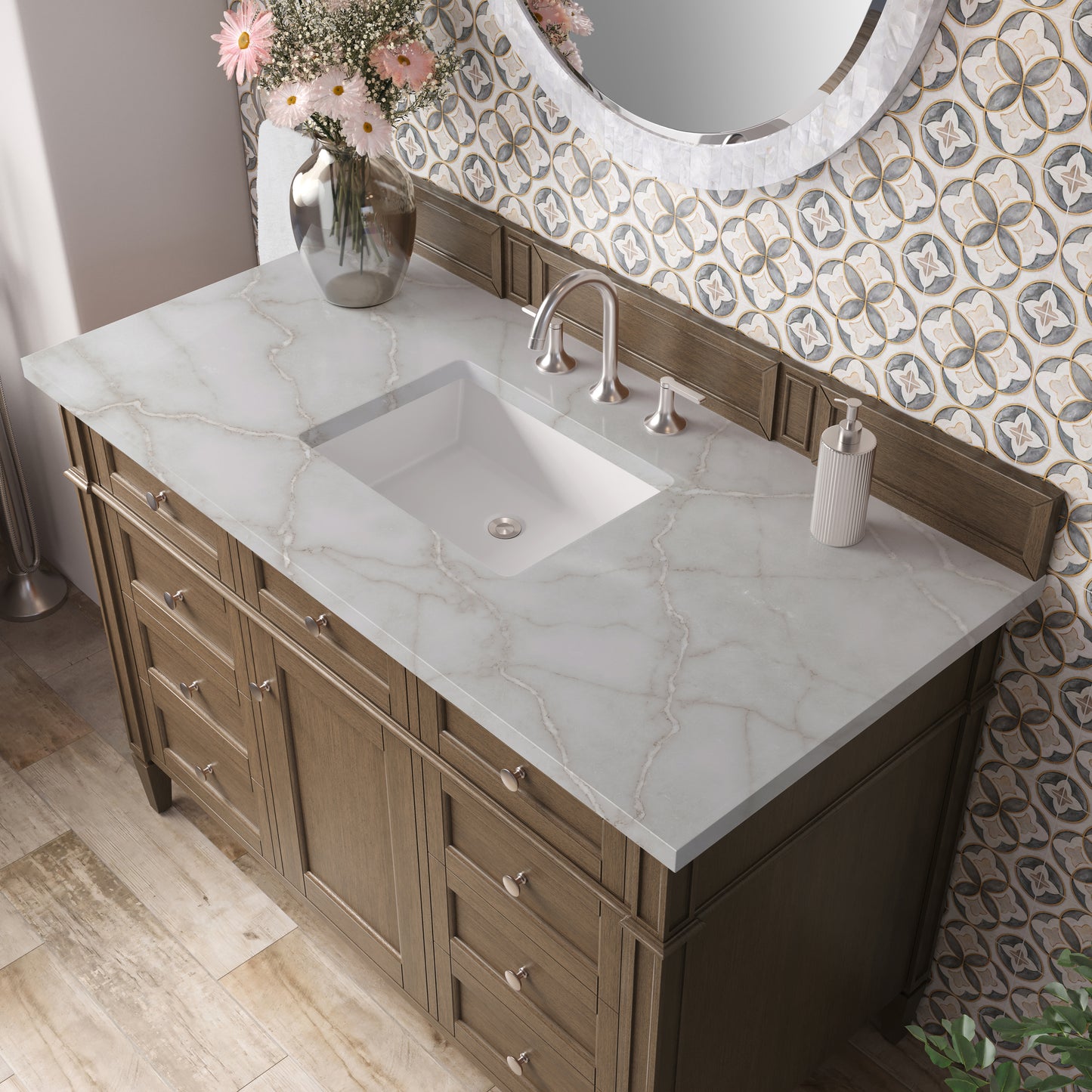 Renovate for Less Atlanta Brittany 48" Single Vanity, Saddle Brown w/ 3 CM Victorian Silver Silestone Top