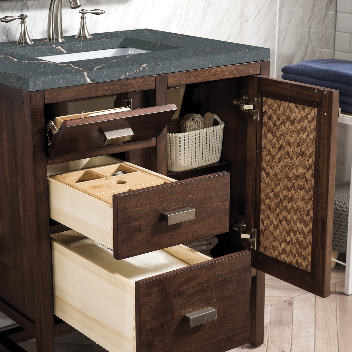 Renovate for Less Atlanta Addison 30" Single Vanity, Mid-Century Acacia w/ 3 CM Parisien Bleu Silestone Top