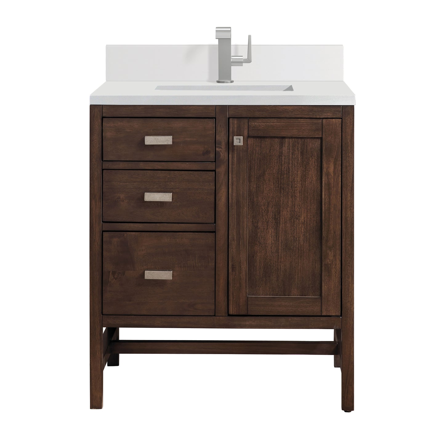 Renovate for Less Atlanta Addison 30" Single Vanity, Mid-Century Acacia w/ Single Hole 3 CM White Zeus Silestone Top & Backsplash