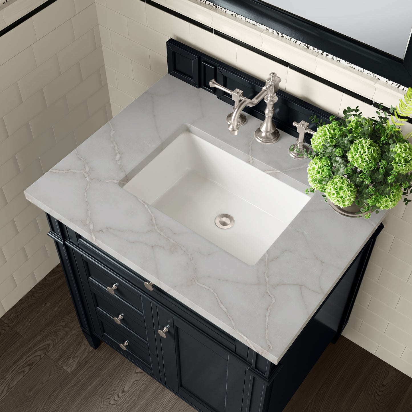Renovate for Less Atlanta Brittany 30" Single Vanity, Black Onyx, w/ 3 CM Victorian Silver Silestone Top