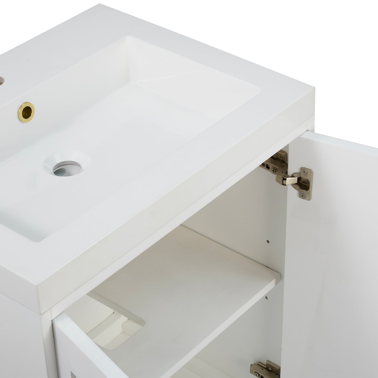 Renovate for Less Atlanta Chianti 24" Single Vanity, Glossy White, Champagne Brass, w/ White Glossy Composite Stone Top