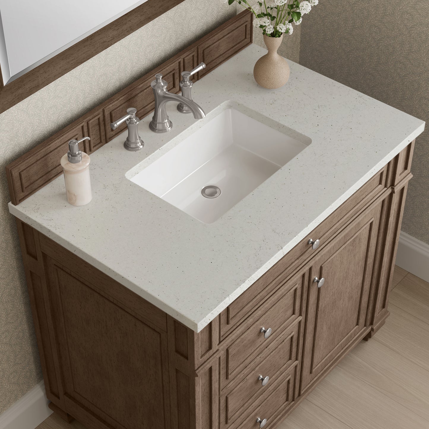 Renovate for Less Atlanta Bristol 36" Single Vanity, Whitewashed Walnut w/ 3 CM Lime Delight Silestone Top