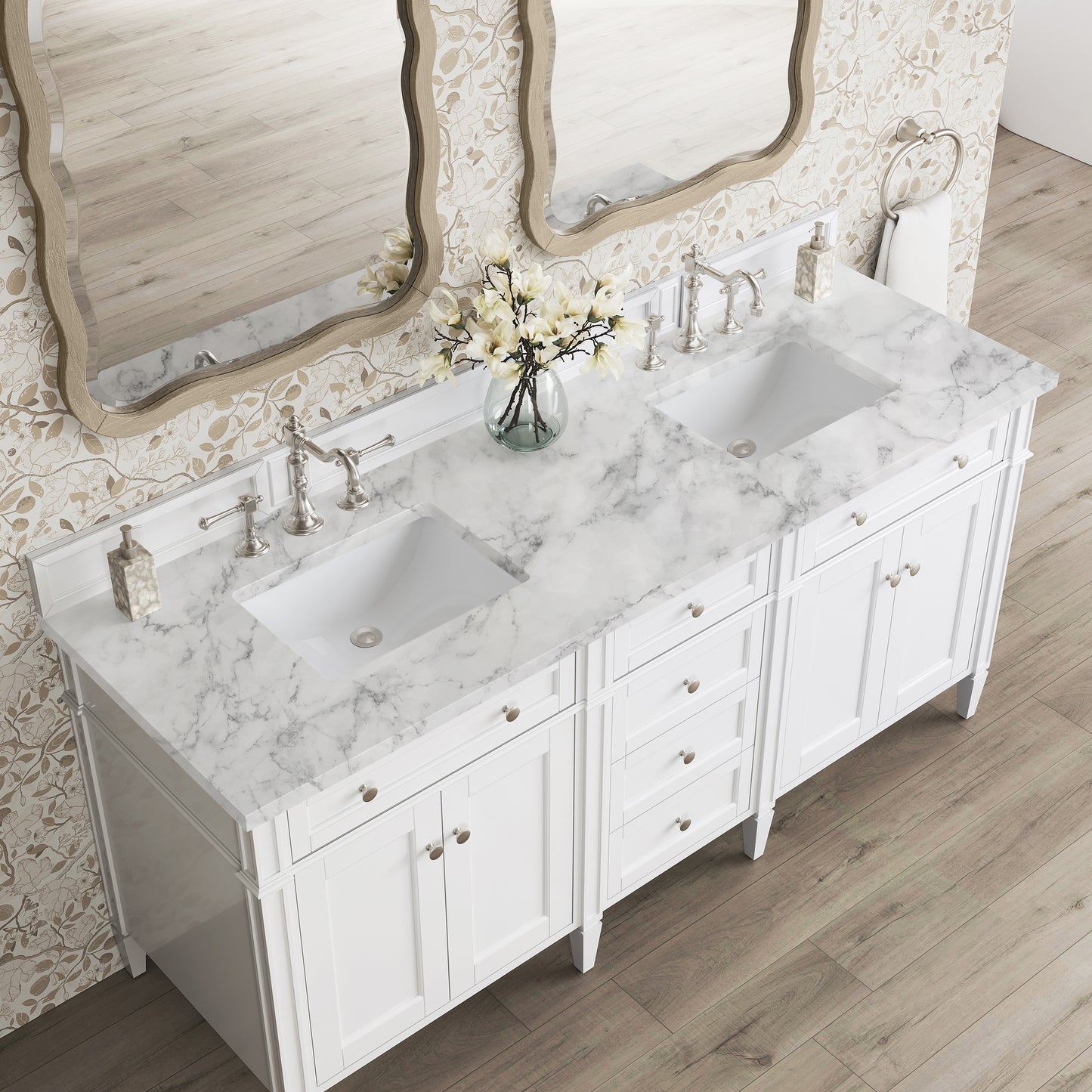 Renovate for Less Atlanta Brittany 72" Double Vanity, Bright White Vanity w/ 3 CM Carrara Marble Top